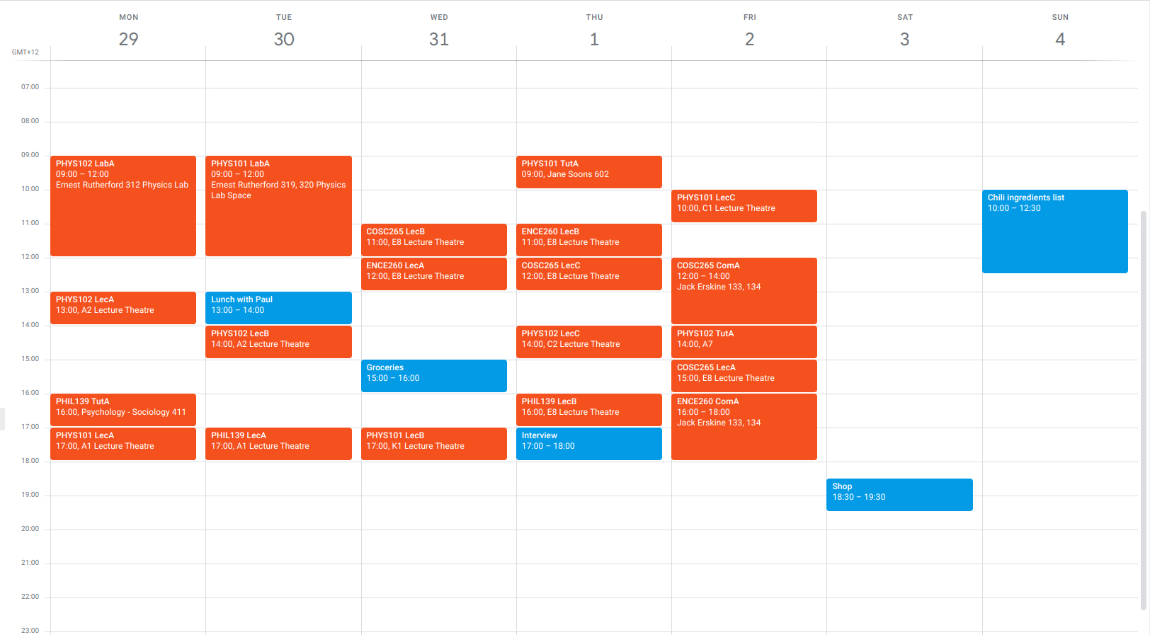 screenshot of calendar with personal events in blue and class events in orange