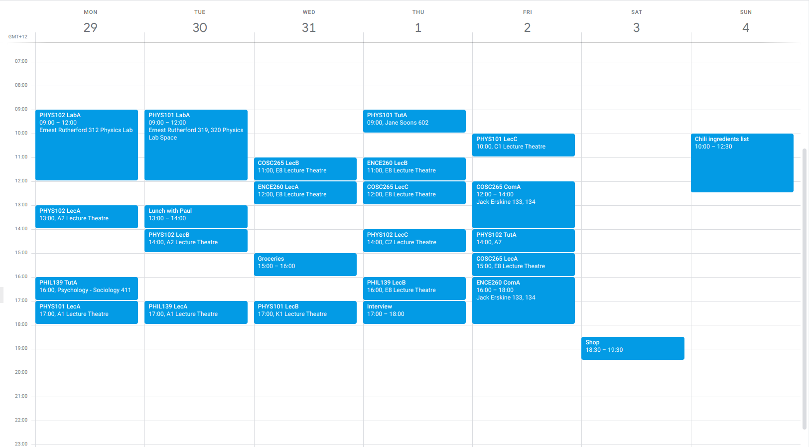 screenshot of calendar with all events the same color, including an interview event that is easily missed because it is the same duration and color as the classes